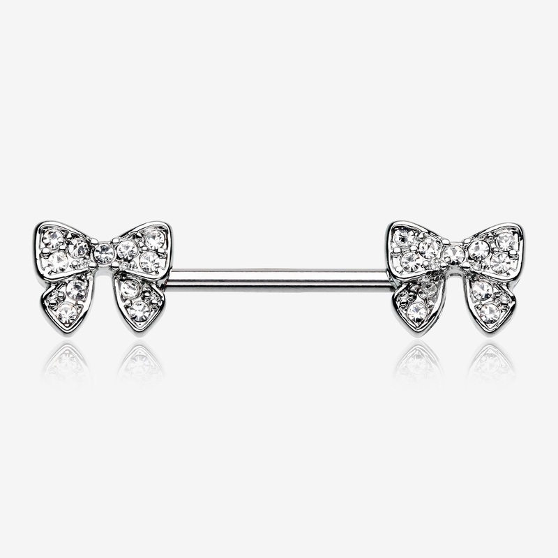 A Pair of Dainty Bow-Tie Sparkle Nipple Barbell Ring 14 GA (1.6mm), 1/2″ (12mm)