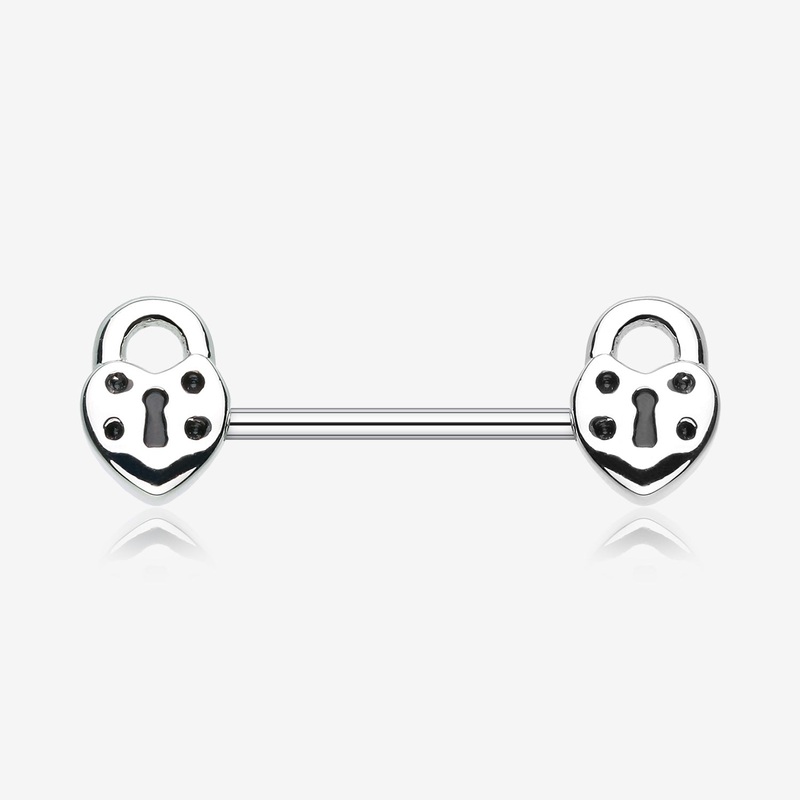 A Pair of Dainty Heart Lock Nipple Barbell Ring 14 GA (1.6mm), 1/2″ (12mm)