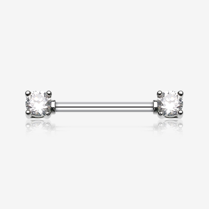 A Pair of Double Prong Gem Nipple Barbell Ring 14 GA (1.6mm), 1/2″ (12mm)