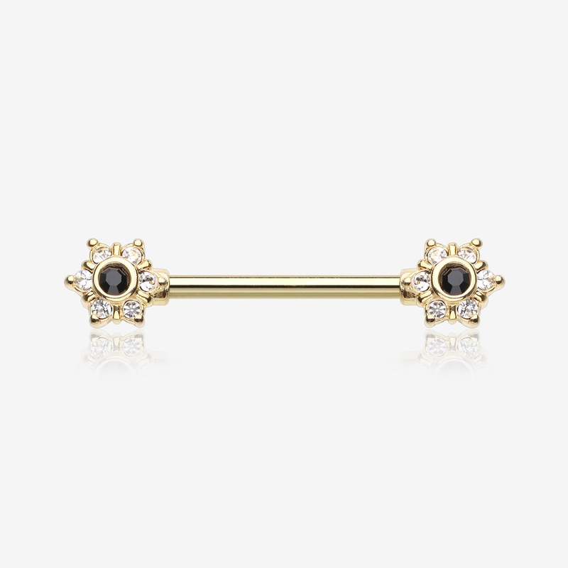 A Pair of Golden Brilliant Sparkle Spring Flower Nipple Barbell 14 GA (1.6mm), 1/2″ (12mm)