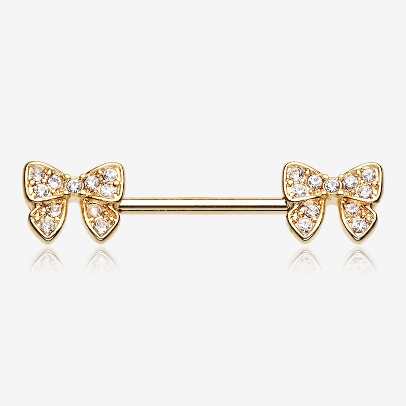 A Pair of Golden Dainty Bow-Tie Sparkle Nipple Barbell Ring 14 GA (1.6mm), 1/2″ (12mm)
