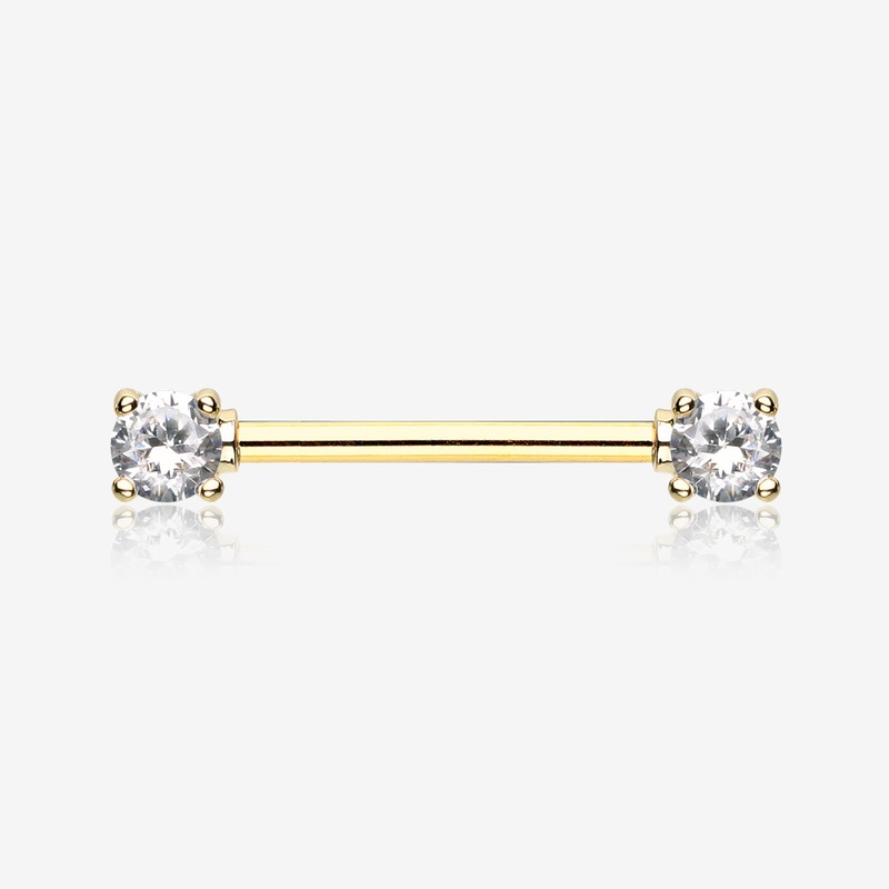 A Pair of Golden Double Prong Gem Nipple Barbell Ring 14 GA (1.6mm), 1/2″ (12mm)