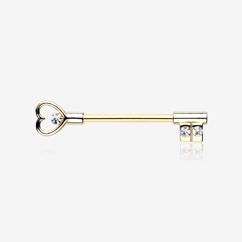 A Pair of Golden Heart Key Nipple Barbell Ring 14 GA (1.6mm), 1/2″ (12mm)