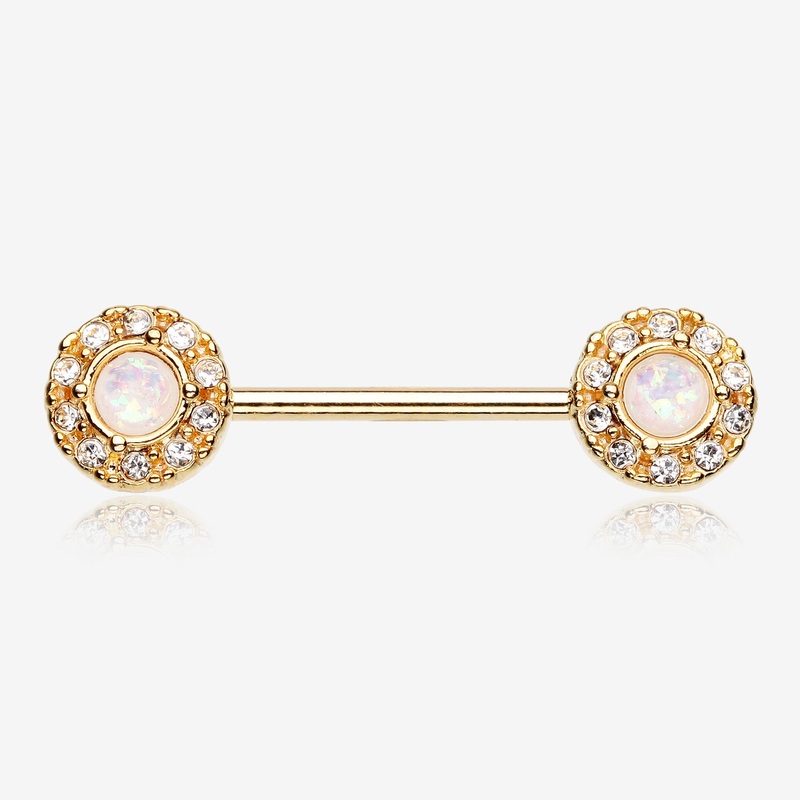 A Pair of Golden Opal Elegance Nipple Barbell Ring 14 GA (1.6mm), 1/2″ (12mm)