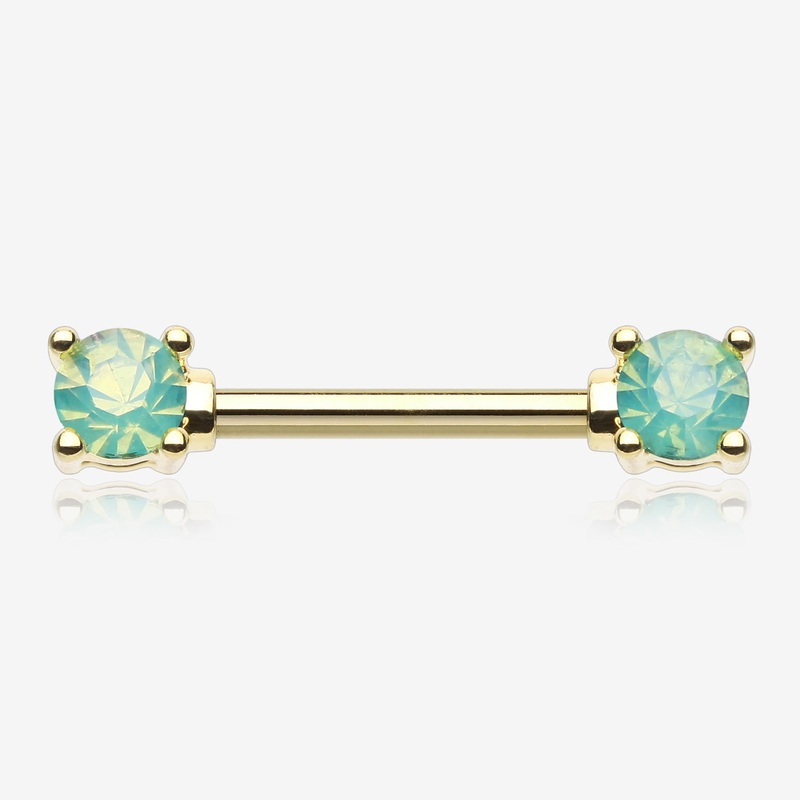 A Pair of Golden Opalite Gem Prong Nipple Barbell 14 GA (1.6mm), 1/2″ (12mm)