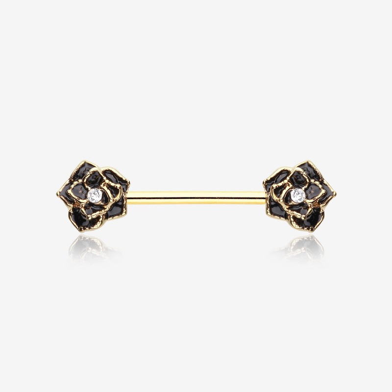 A Pair of Golden Rose Sparkle Nipple Barbell Ring 14 GA (1.6mm), 1/2″ (12mm)