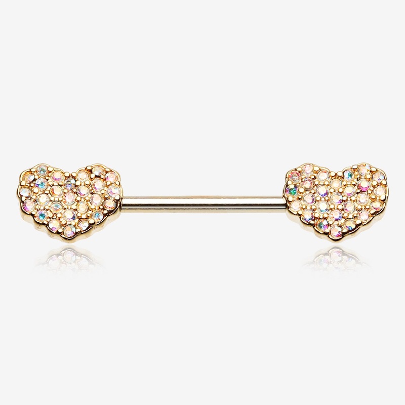 A Pair of Golden Sparkle Multi-Gem Heart Nipple Barbell Ring 14 GA (1.6mm), 1/2″ (12mm)