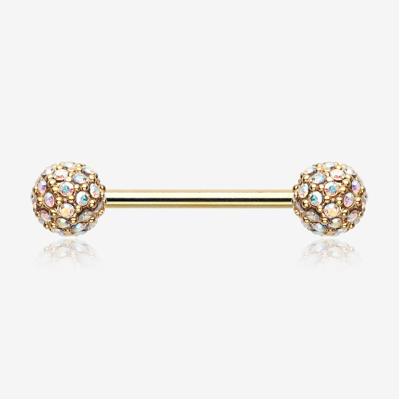 A Pair of Golden Sparkle Multi-Gem Paved Nipple Barbell Ring 14 GA (1.6mm), 1/2″ (12mm)