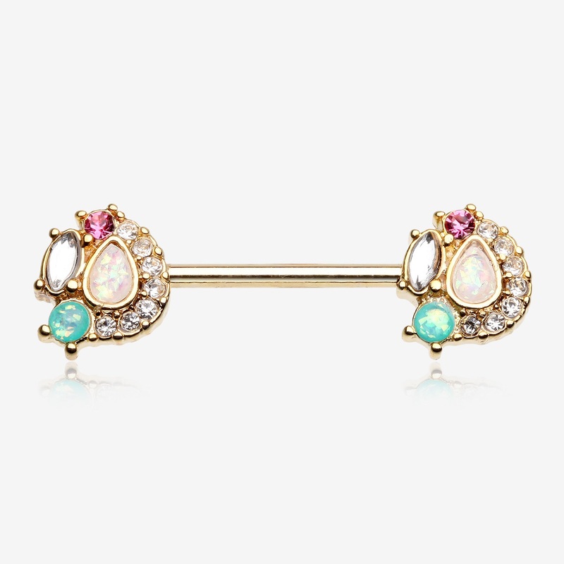 A Pair of Golden Sparkle Opal Medley Nipple Barbell Ring 14 GA (1.6mm), 1/2″ (12mm)