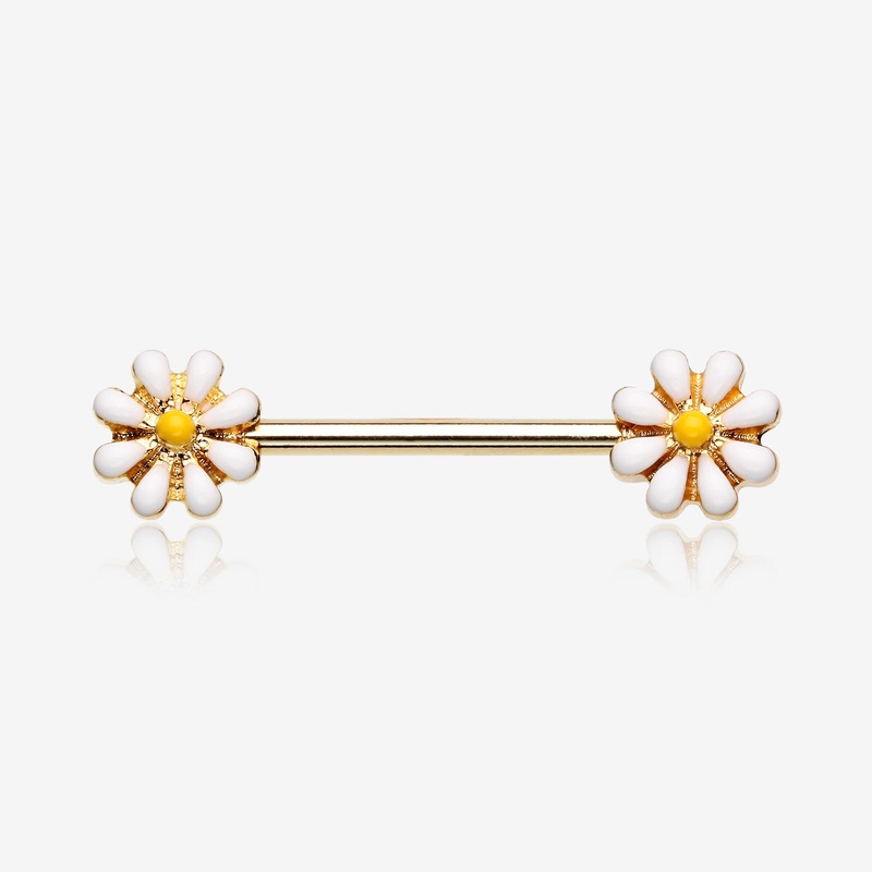 A Pair of Golden Spring Blossom Flower Nipple Barbell Ring 14 GA (1.6mm), 1/2″ (12mm)