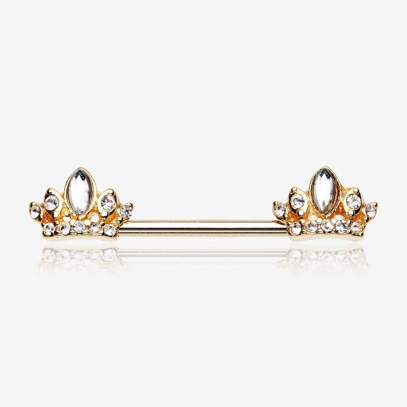 A Pair of Golden Tiara Crown Sparkle Nipple Barbell Ring 14 GA (1.6mm), 1/2″ (12mm)