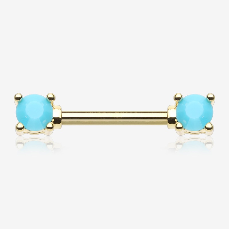 A Pair of Golden Turquoise Bead Prong Nipple Barbell 14 GA (1.6mm), 1/2″ (12mm)