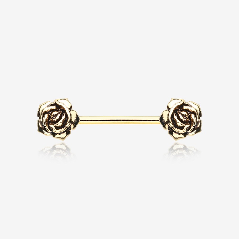 A Pair of Golden Vintage Rose Flower Nipple Barbell Ring 14 GA (1.6mm), 1/2″ (12mm)