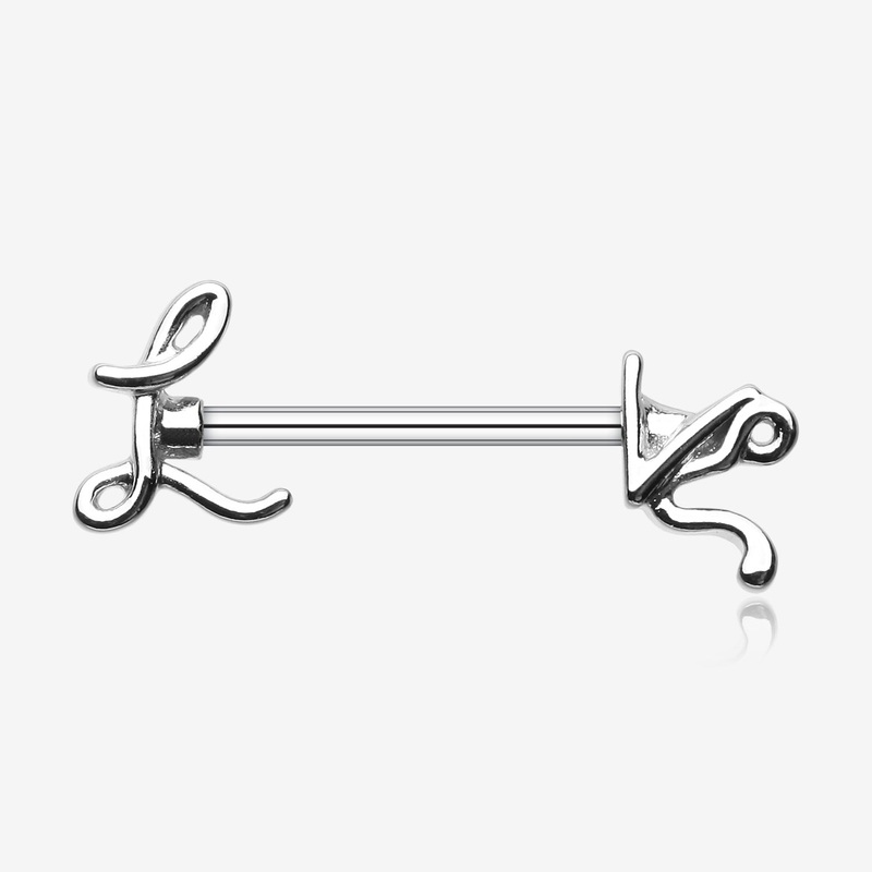 A Pair of LOVE Script Nipple Barbell Ring 14 GA (1.6mm), 1/2″ (12mm)