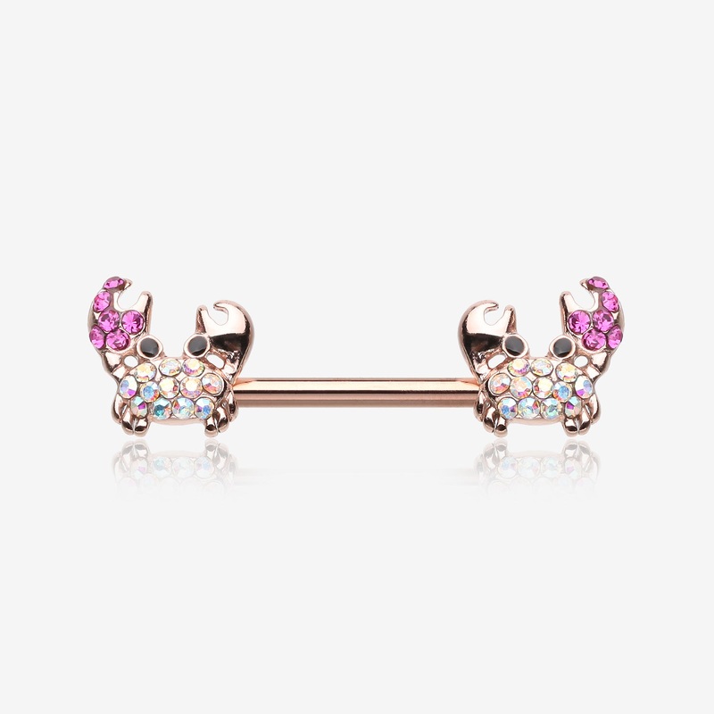 A Pair of Rose Gold Adorable Fiddler Crab Sparkle Nipple Barbell 14 GA (1.6mm), 1/2″ (12mm)