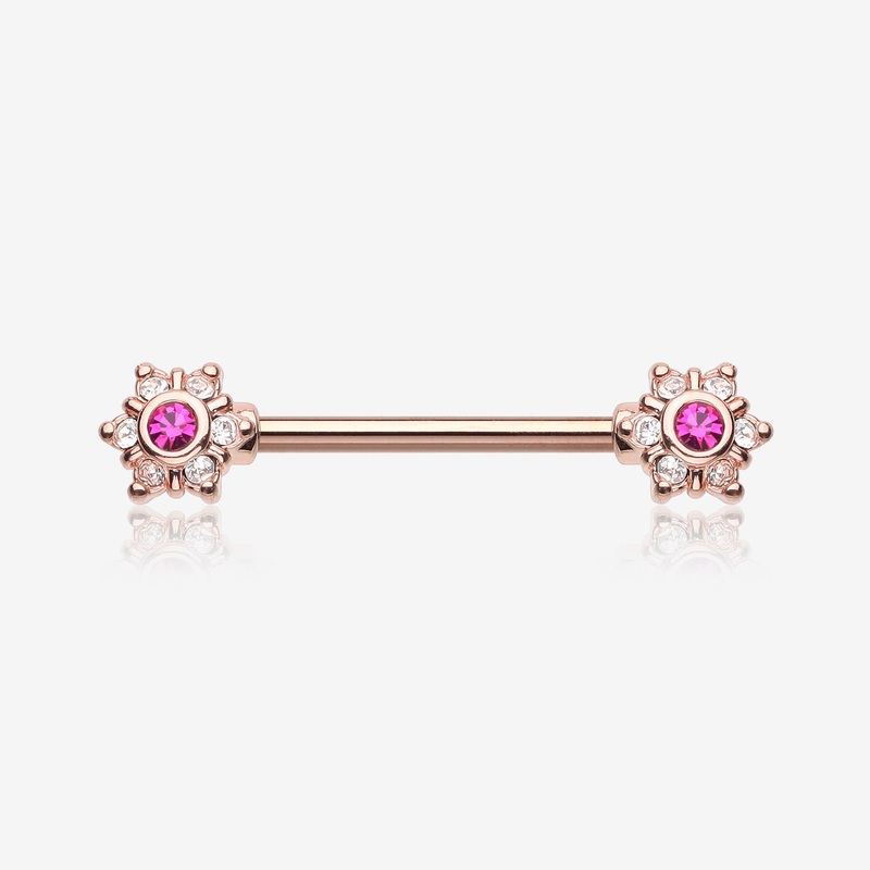A Pair of Rose Gold Brilliant Sparkle Spring Flower Nipple Barbell 14 GA (1.6mm), 1/2″ (12mm)