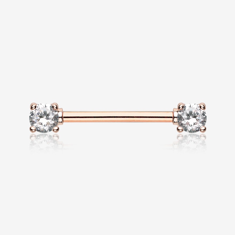 A Pair of Rose Gold Double Prong Gem Nipple Barbell Ring 14 GA (1.6mm), 1/2″ (12mm)