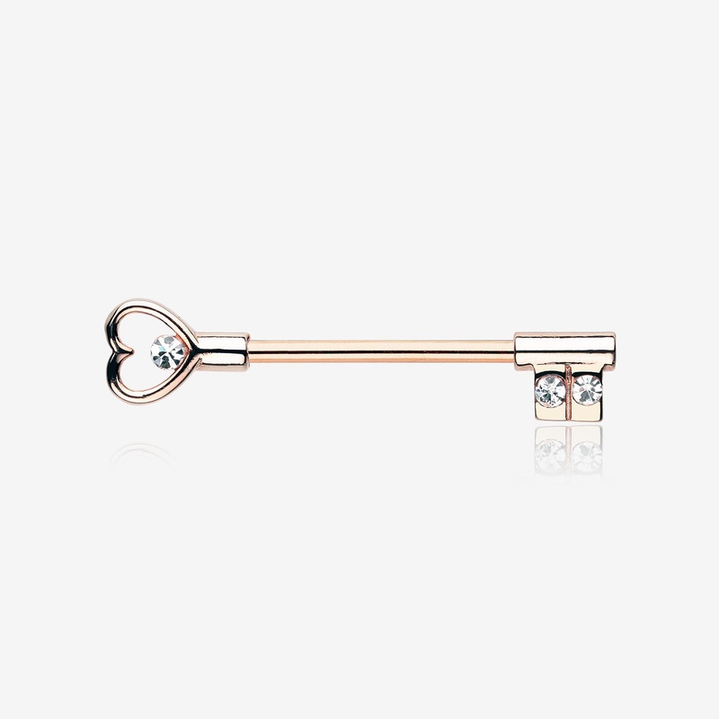 A Pair of Rose Gold Heart Key Nipple Barbell Ring 14 GA (1.6mm), 1/2″ (12mm)