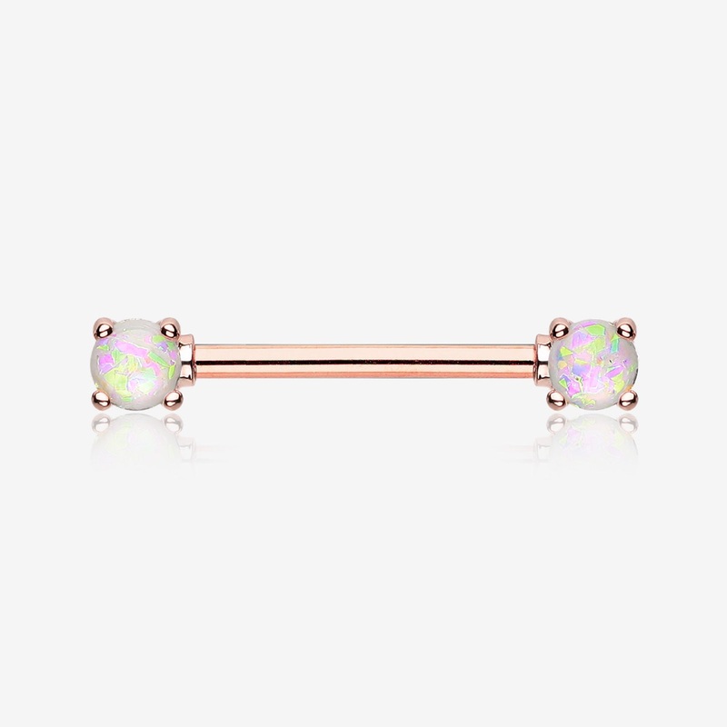 A Pair of Rose Gold Opal Sparkle Prong Nipple Barbell Ring 14 GA (1.6mm), 1/2″ (12mm)