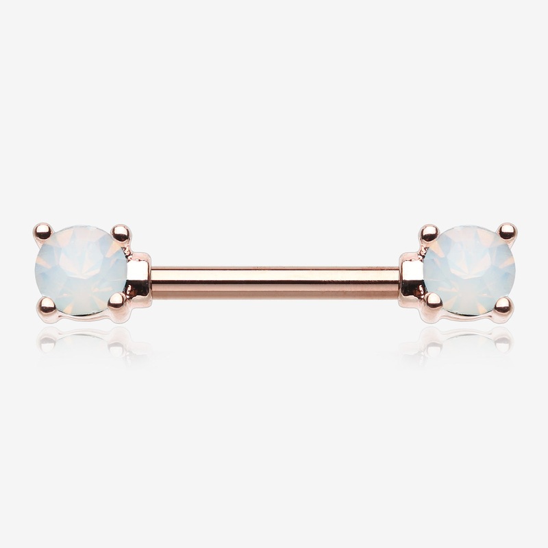 A Pair of Rose Gold Opalite Gem Prong Nipple Barbell 14 GA (1.6mm), 1/2″ (12mm)