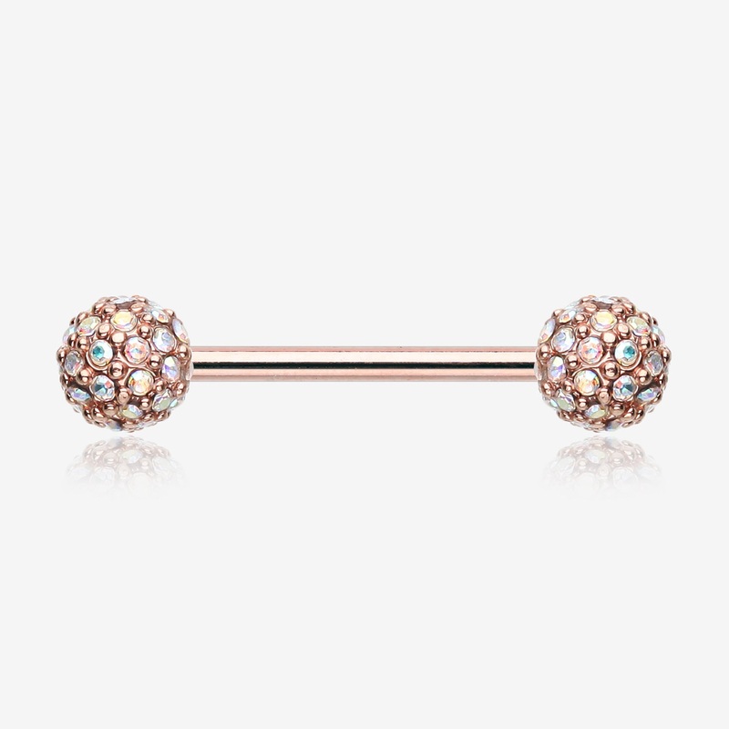 A Pair of Rose Gold Sparkle Multi-Gem Paved Nipple Barbell Ring 14 GA (1.6mm), 1/2″ (12mm)