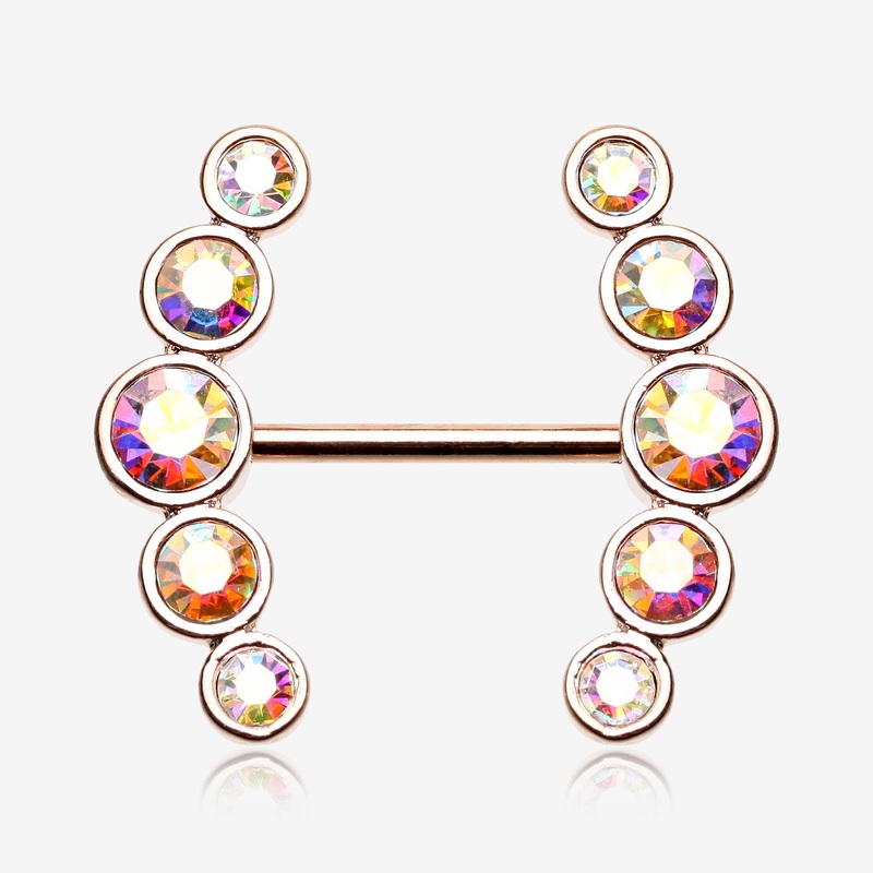 A Pair of Rose Gold Sparkle Ray Multi-Gem Nipple Ring 14 GA (1.6mm), 1/2″ (12mm)