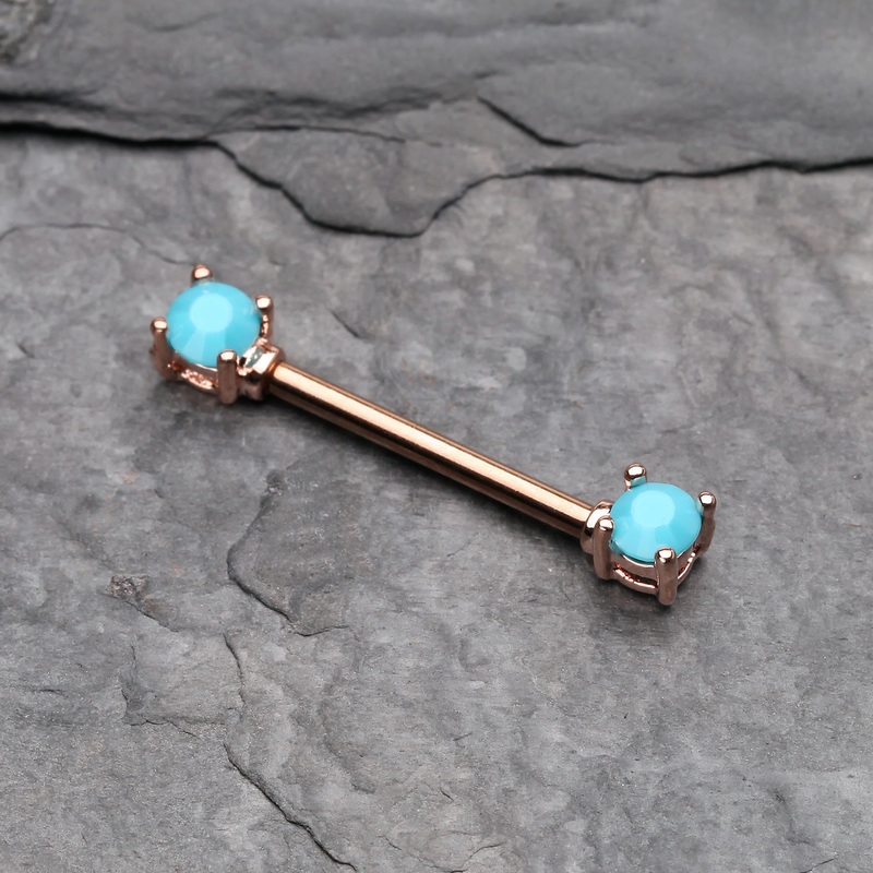 A Pair of Rose Gold Turquoise Bead Prong Nipple Barbell 14 GA (1.6mm), 1/2″ (12mm)