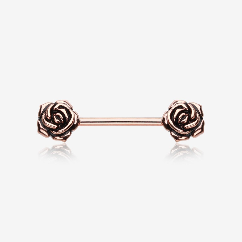 A Pair of Rose Gold Vintage Rose Flower Nipple Barbell Ring 14 GA (1.6mm), 1/2″ (12mm)