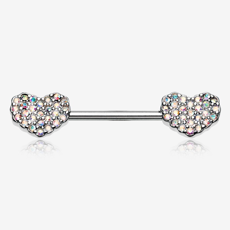 A Pair of Sparkle Multi-Gem Heart Nipple Barbell Ring 14 GA (1.6mm), 1/2″ (12mm)