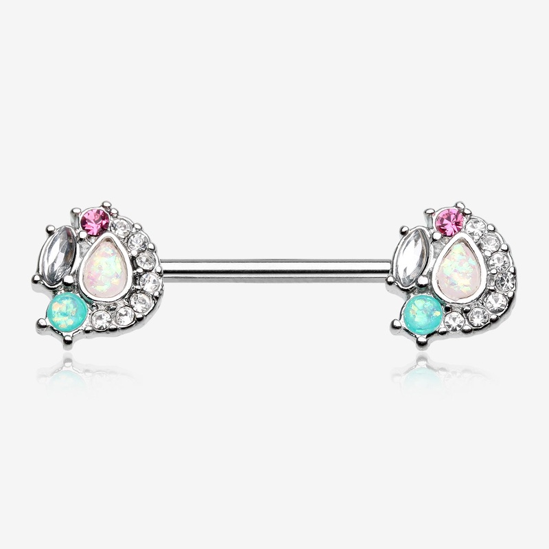 A Pair of Sparkle Opal Medley Nipple Barbell Ring 14 GA (1.6mm), 1/2″ (12mm)