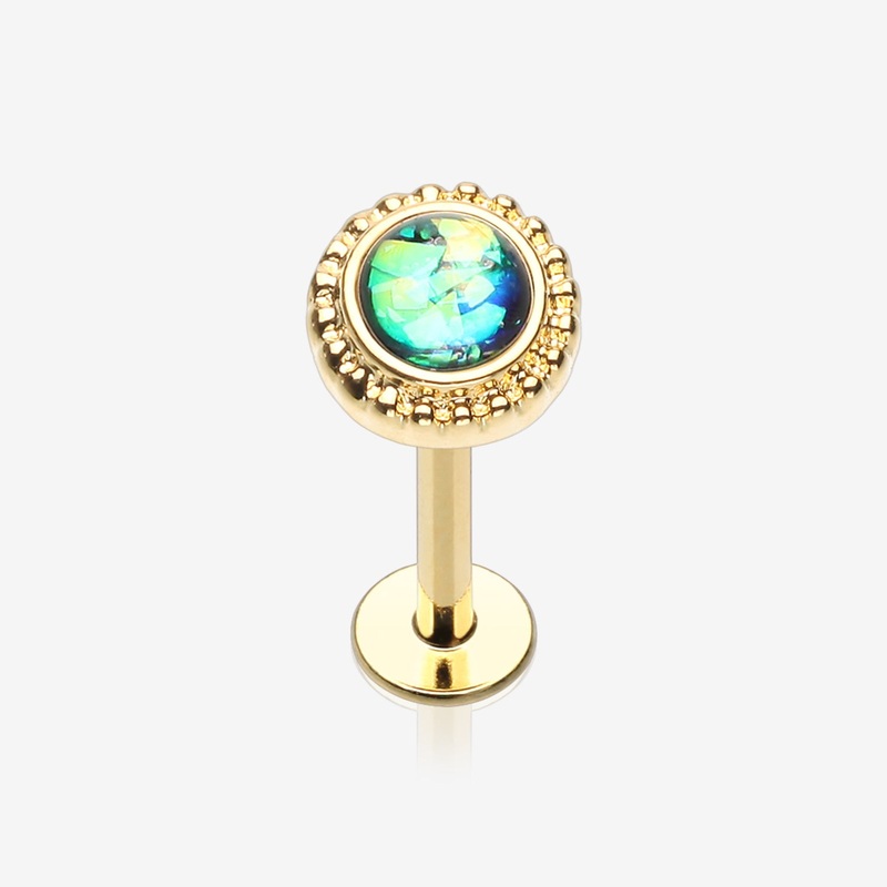 Golden Opal Sparkle Ornate Top Steel Labret