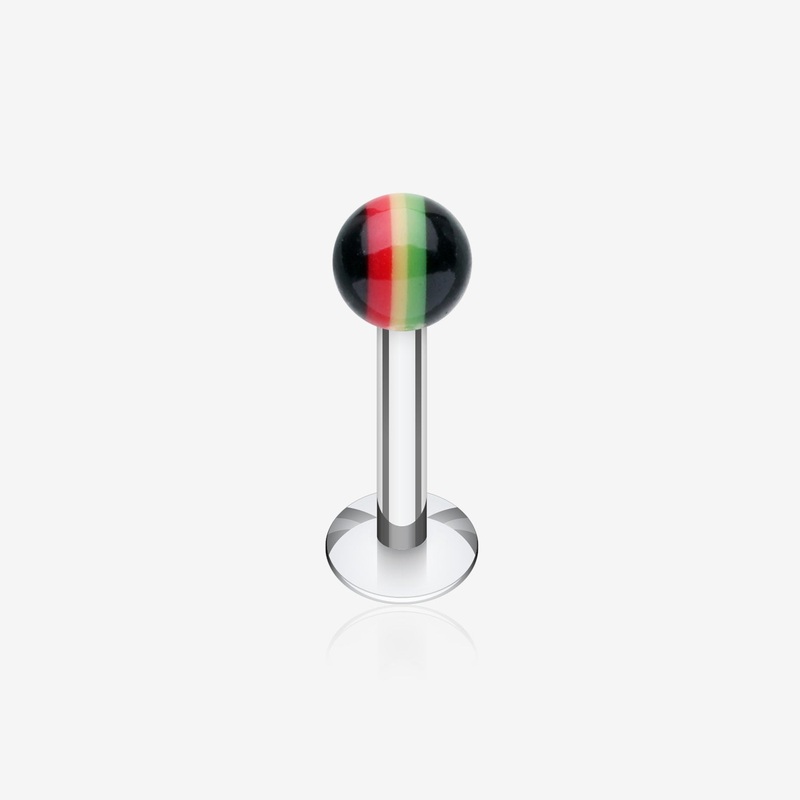 Rasta Jamaican Stripe UV Acrylic Ball Top Labret 16 GA (1.2mm), 5/16″ (8mm), Ball: 3mm