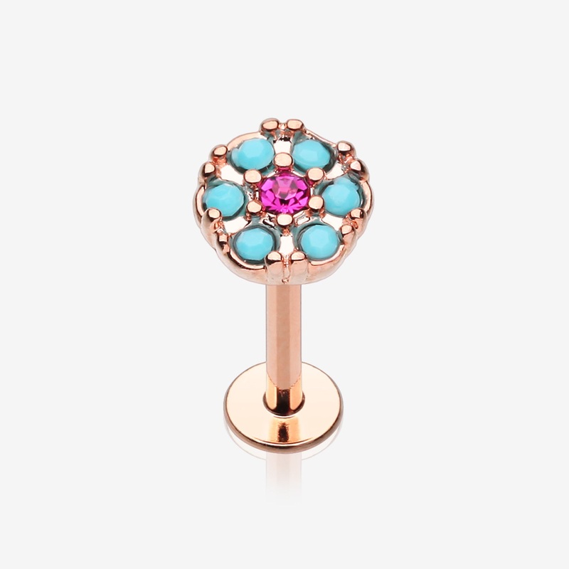 Rose Gold Turquoise Boho Circle Sparkle Top Steel Labret