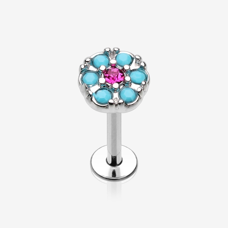 Turquoise Boho Circle Sparkle Top Steel Labret