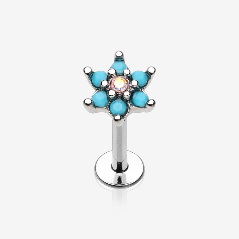 Turquoise Spring Flower Sparkle Top Steel Labret