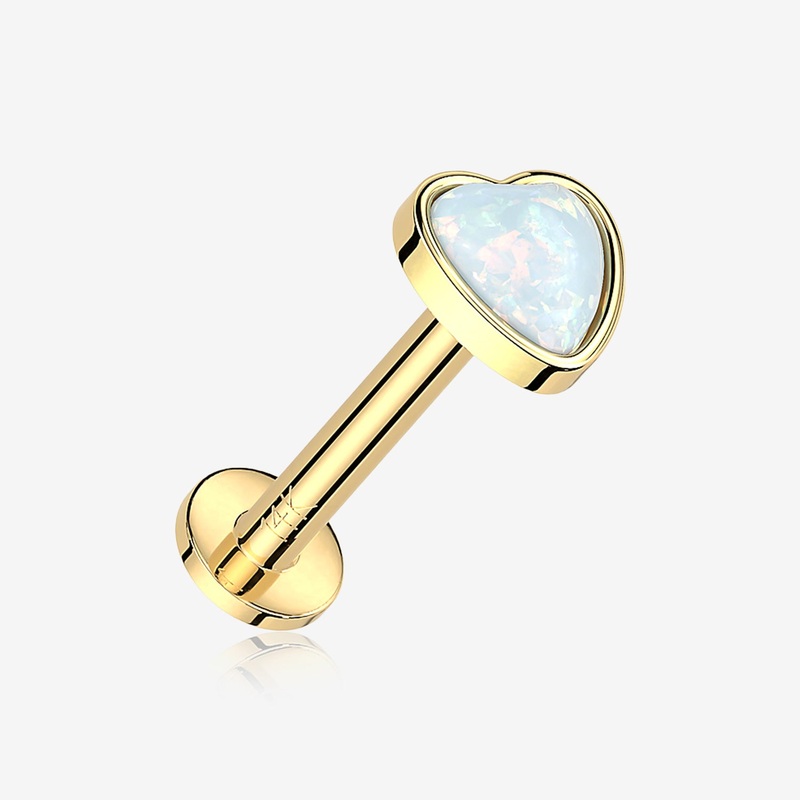 14 Karat Gold OneFit Threadless Heart Fire Opal Sparkle Flat Back Stud Labret