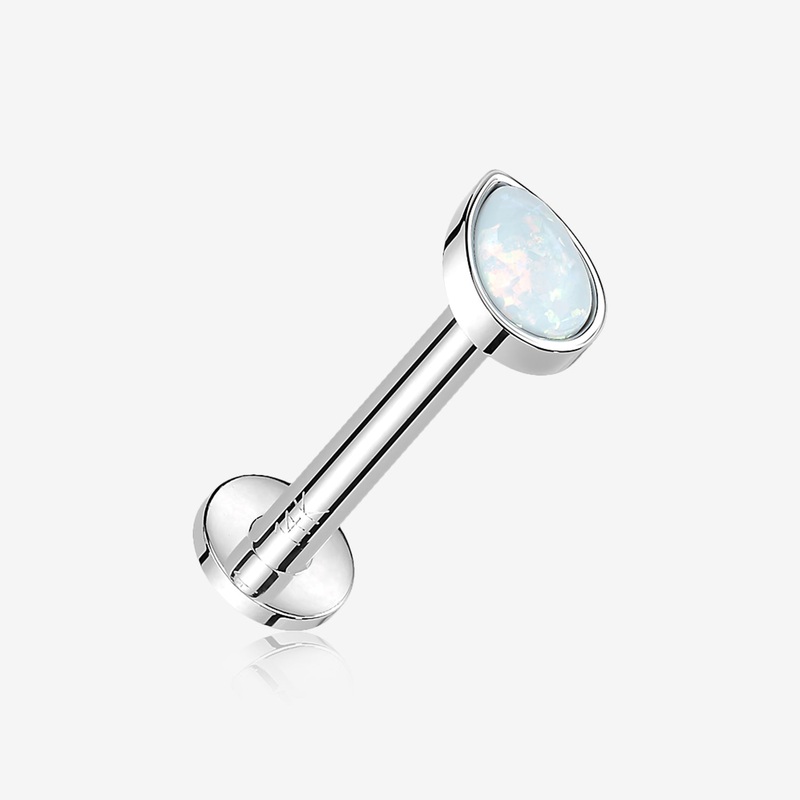 14 Karat White Gold OneFit Threadless Teardrop Fire Opal Sparkle Flat Back Stud Labret