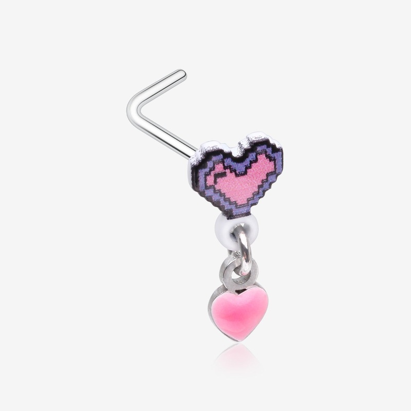 8-Bit Pixel Heart Dangle Gamer L-Shaped Nose Ring 20 GA (0.8mm), 9/32″ (7mm)