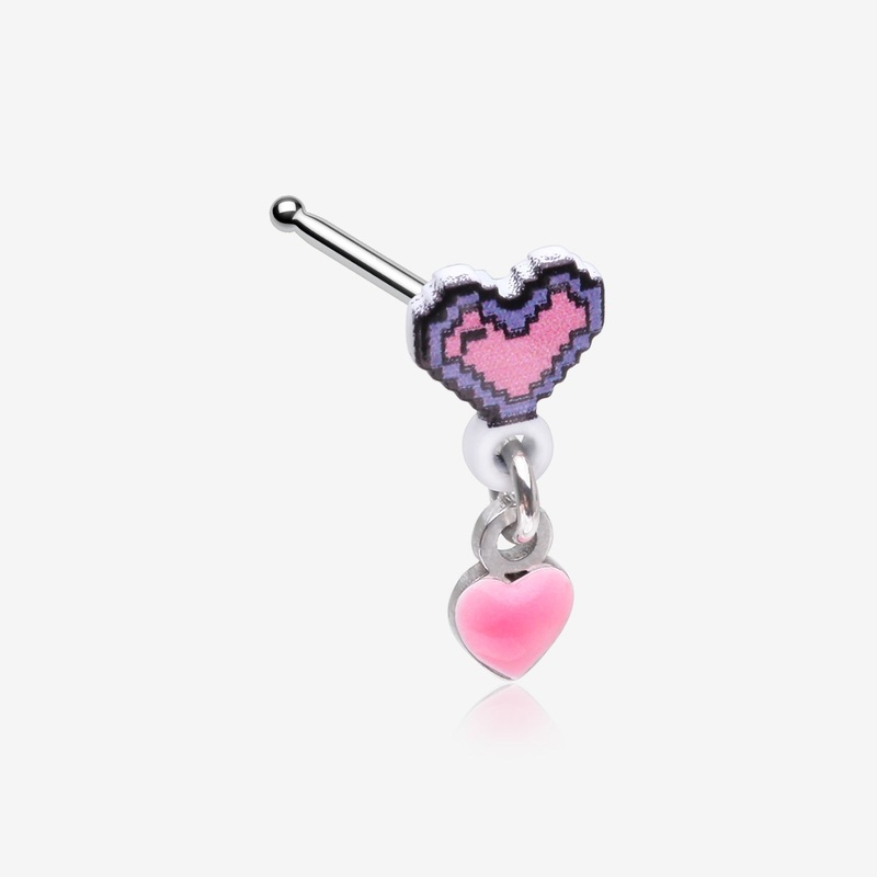 8-Bit Pixel Heart Dangle Gamer Nose Stud Ring 20 GA (0.8mm), 9/32″ (7mm)
