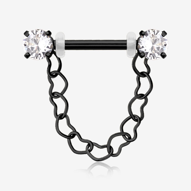 A Pair of Blackline Sparkle Chained Hollow Heart Internally Threaded Nipple Barbell