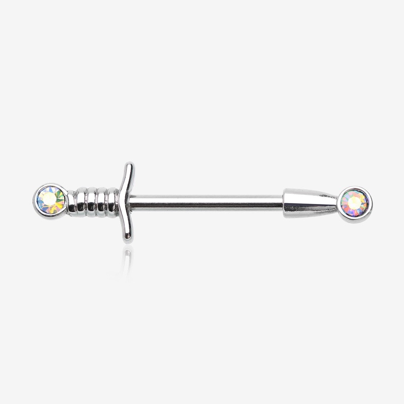 A Pair of Classic Sparkle Dagger Sword Nipple Barbell 14 GA (1.6mm), 1/2″ (12mm)