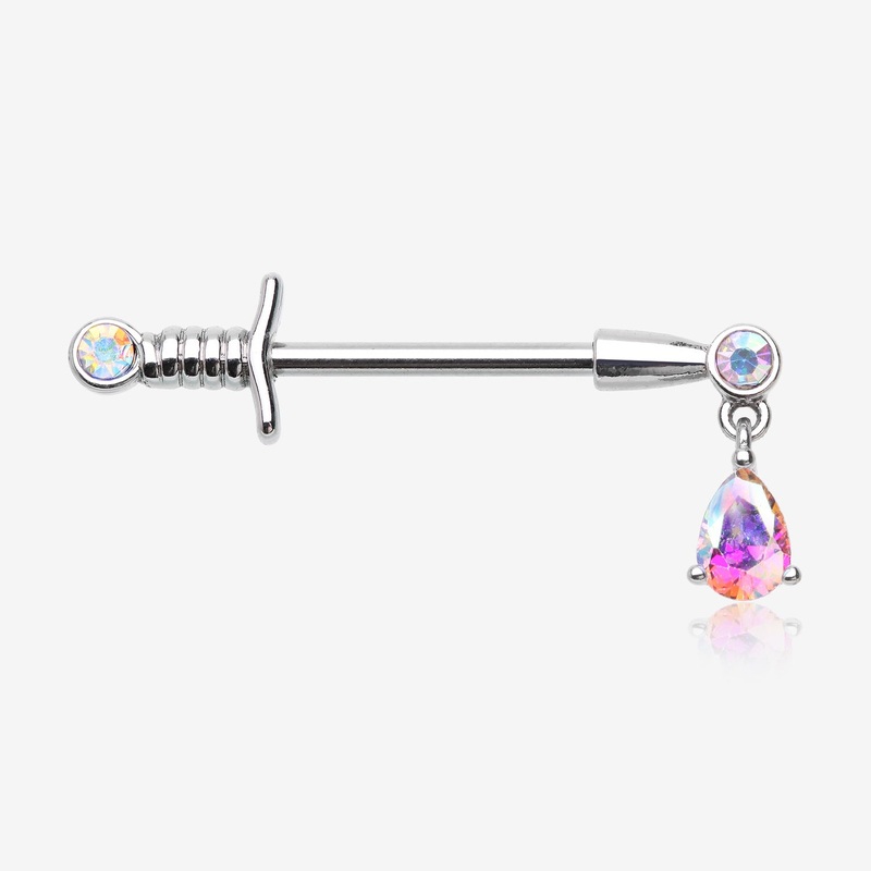 A Pair of Classic Sparkle Dagger Sword Teardrop Dangle Nipple Barbell 14 GA (1.6mm), 1/2″ (12mm)