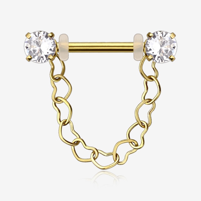 A Pair of Golden Sparkle Chained Hollow Heart Internally Threaded Nipple Barbell