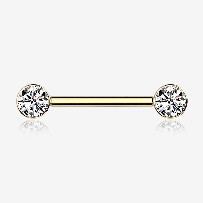 A Pair of Implant Grade Titanium Golden Bezel Set Sparkle Internally Threaded Nipple Barbell