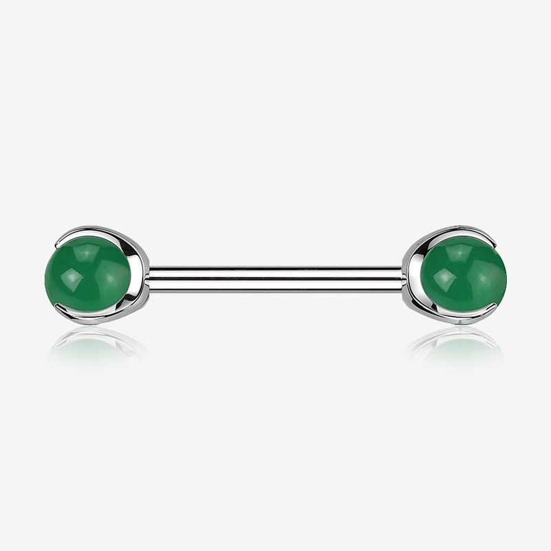 A Pair of Implant Grade Titanium Green Jade Stone Ball Claw Prong Internally Threaded Nipple Barbell