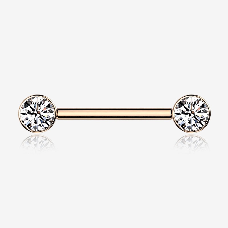 A Pair of Implant Grade Titanium Rose Gold Bezel Set Sparkle Internally Threaded Nipple Barbell