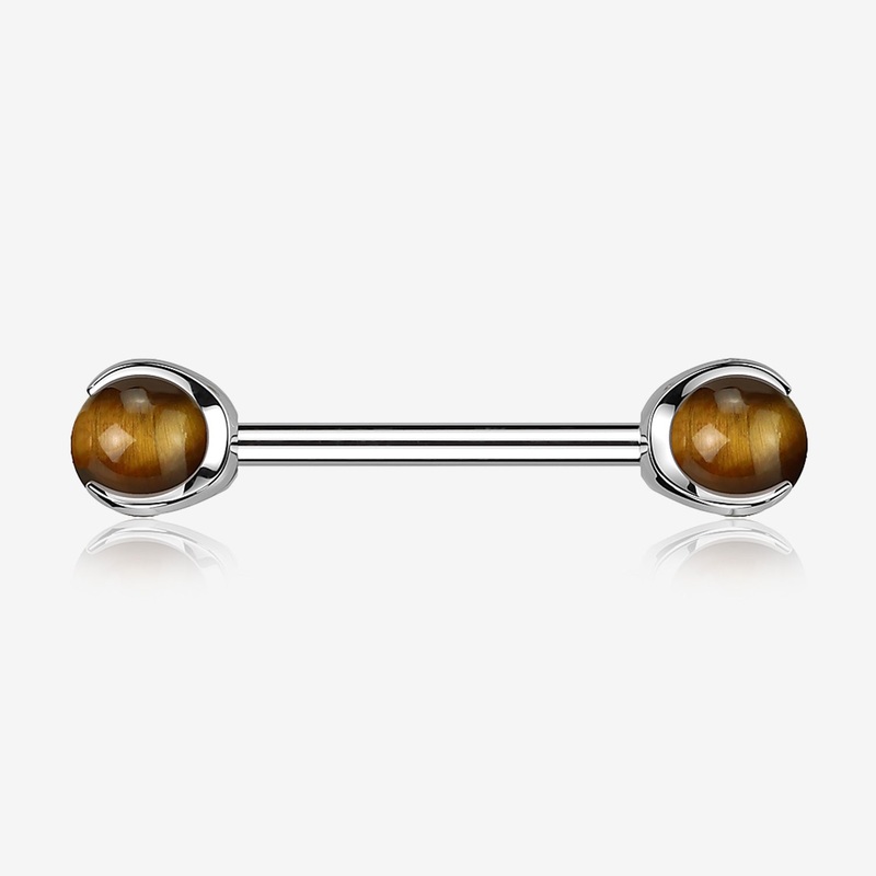 A Pair of Implant Grade Titanium Tiger Eye Stone Ball Claw Prong Internally Threaded Nipple Barbell