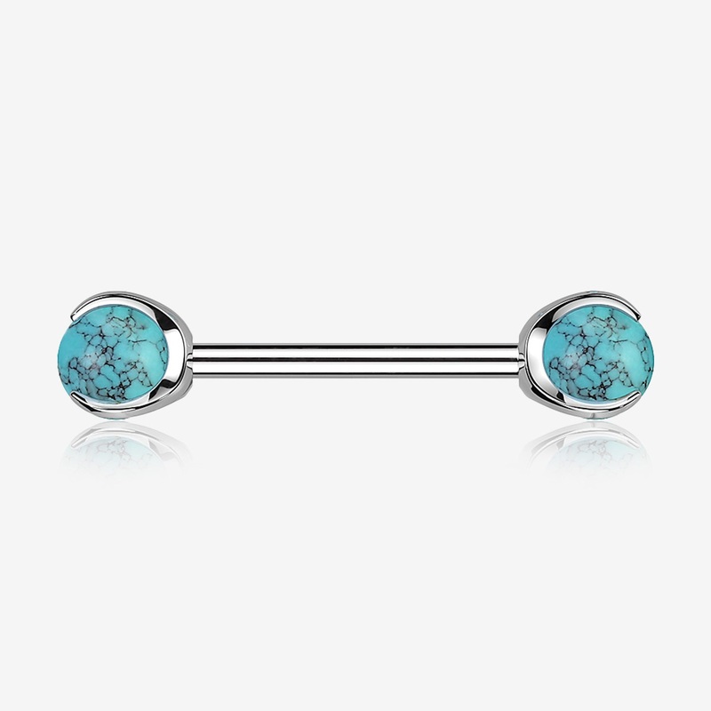 A Pair of Implant Grade Titanium Turquoise Stone Ball Claw Prong Internally Threaded Nipple Barbell