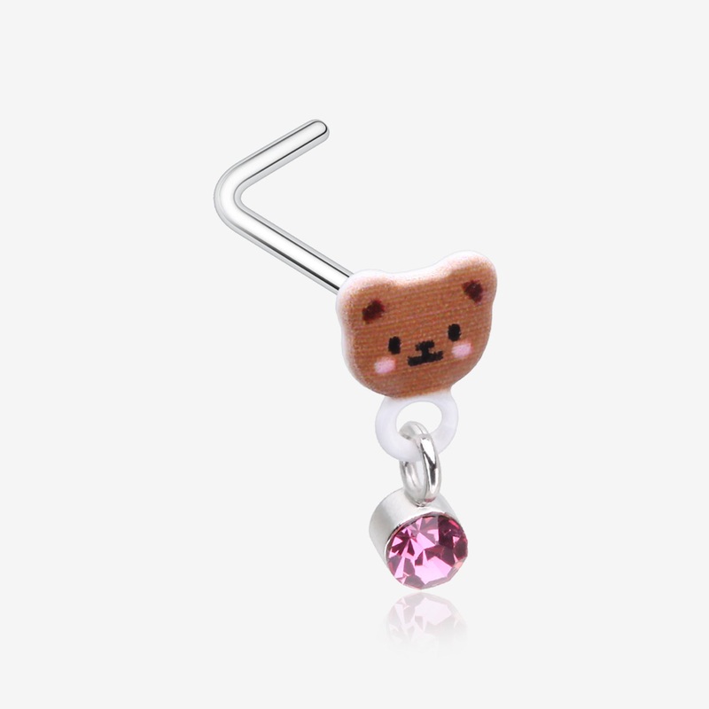 Adorable Teddy Bear Sparkle Dangle L-Shaped Nose Ring 20 GA (0.8mm), 9/32″ (7mm)