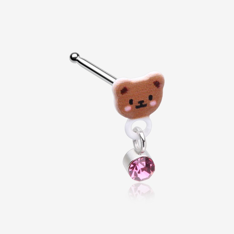 Adorable Teddy Bear Sparkle Dangle Nose Stud Ring 20 GA (0.8mm), 9/32″ (7mm)